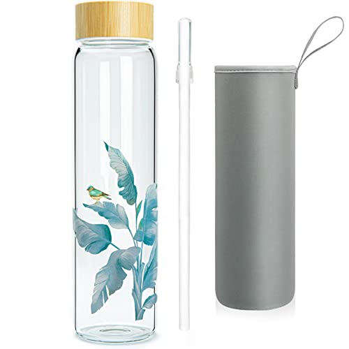 Ferexer 907 ml Glas-Wasserflasche mit Strohhalm, breiter Öffnung, Borosilikatglasflasche mit Bambusdeckel und Neoprenhülle (907 ml, blaue Blätter)