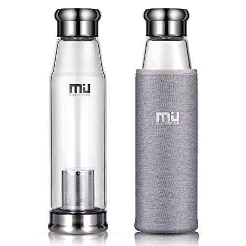 MIU COLOR Stilvolle Tragbare 650ml Glas Trinkflasche für Auto, mit Nylon Tasche & Teesieb (Grau)