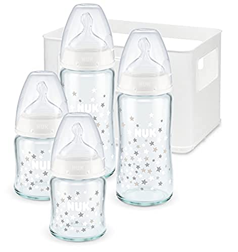NUK First Choice+ Babyflaschen Starter Set aus Glas und Silikon | 0–6 Monate | 4 Flaschen mit Temperature Control & Flaschenbox | Anti-Colic Air System | BPA-frei | 5-teilig