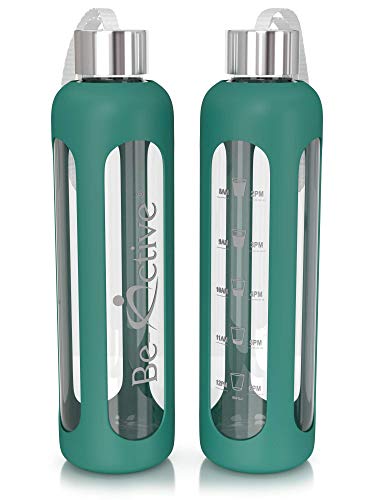 Be-Active Glasflasche - Trinkflasche aus Glas BPA-frei Borosilikatglas Wasserflasche mit Silikonhülle - 550ml, 1000ml (1000ml, Dunkelgrun)