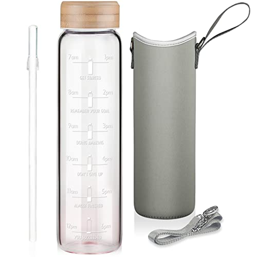 Ferexer 1 Liter Trinkflasche Glas mit Strohhalm & Zeit Markierung, 1L Motivierende Wasserflasche Glas mit Schutzhülle, Borosilikat Glas Flasche für kohlensäurehaltige Getränke, Auslaufsicher