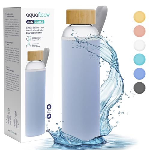 Aquafloow Wasserflasche aus Borosilikat Glas 700 ml mit Neoprenhülle, Transparente trinkflasche Glas mit Bambusdeckel | Ideal für Büro, Outdoor, Schule, für Kohlensäurehaltige Getränke – Blau