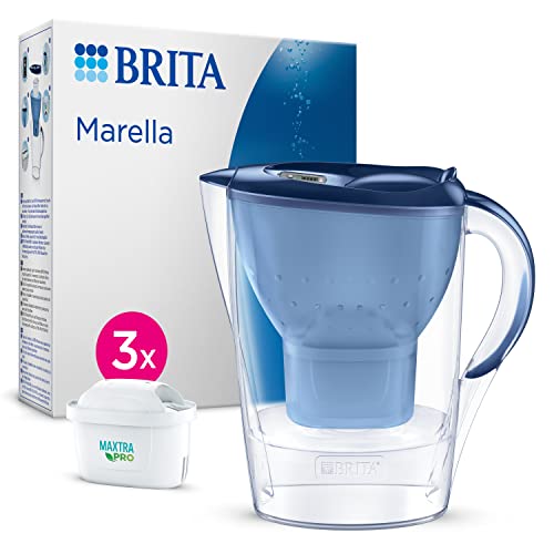 BRITA Wasserfilter Kanne Marella blau (2,4l) inkl. 3x MAXTRA PRO All-in-1 Kartusche – Filter zur Reduzierung von Kalk, Chlor, Blei, Kupfer & geschmacksstörenden Stoffen im Wasser