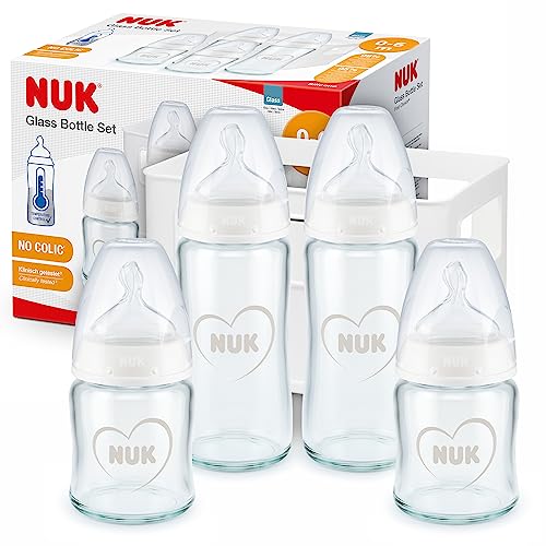 NUK First Choice+ Babyflaschen aus Glas, Starter Set | 0–6 Monate | 4 x Anti-Colic-Babyflaschen & Flaschenbox | BPA-frei | grau & weiß | 5-teilig
