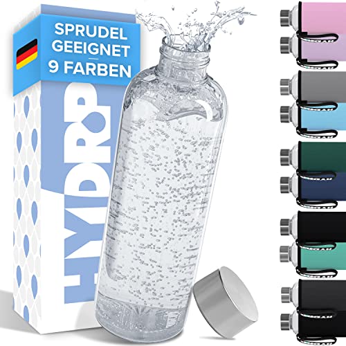 HYDROP® Glasflasche 1 Liter mit Schutzhülle bruchsicher - Trinkflasche Glas in 1L oder 750ml Kohlensäure geeignet & auslaufsicher - Wasserflasche mit hochwertiger Geschenkverpackung