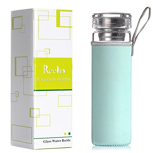 Reeho(R) Trinkflasche,Wasserflasche, Fassungsvermögen: 510 ml, BPA-frei, aus Borosilikat-Glas, sportliches Design, mit Neopren-Schutzhülle und Filter, himmelblau