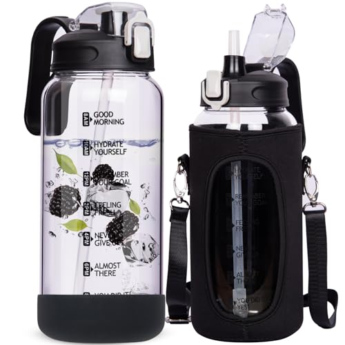 DEARRAY 2l Trinkflasche Glas mit Strohhalm & Zeitmarkierung 2 liter Große Motivation Glasflasche mit Uhrzeit auslaufsicher bpa frei Wasserflasche Glaskaraffe mit Deckel Glaskanne