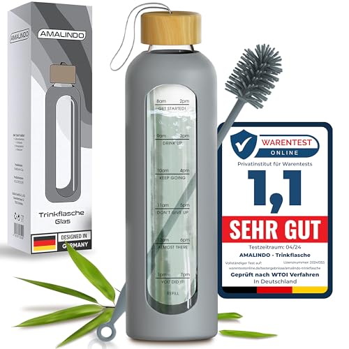 Amalindo Trinkflasche Glas 1L Bruchsicher (Borosilikatglas) - Glasflasche 1 Liter Schraubverschluss - Wasserflasche zum Befüllen inkl. Silikonhülle & Bürste (BPA-frei) - Water Bottle Glass