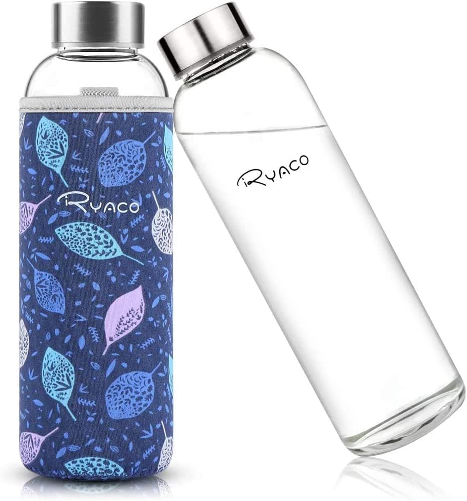 Ryaco Glasflasche 1 liter /1l - 550ml - Trinkflasche Wasserflasche Glas mit Neoprenhülle - Flasche Glas mit Schwammbürste - Glastrinkflasche für kohlensäurehaltige Getränke
